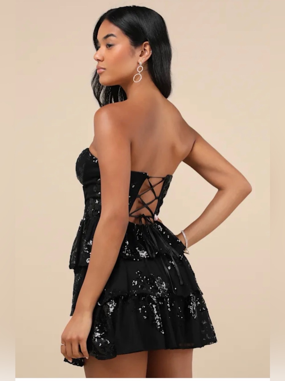 NWT LULUS Strapless Black Sequin Tiered Lace up Back Hoco Semiformal Mini Dress